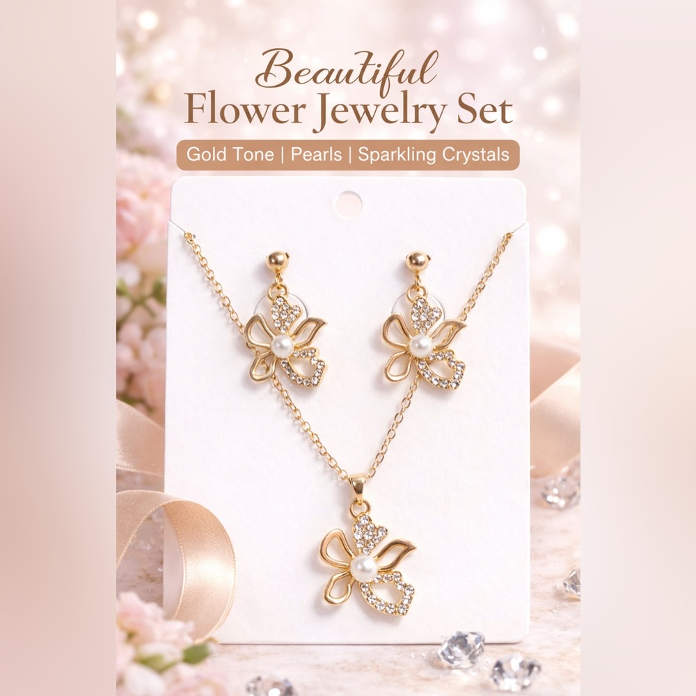 Gold Tone Flower Pearl Necklace & Earring Set